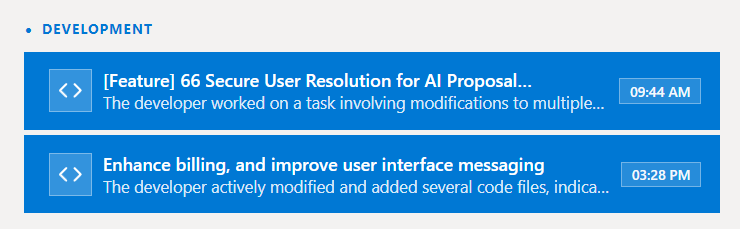 Development activity evidence — feature and billing work items with the source code activity the AI used to estimate effort
