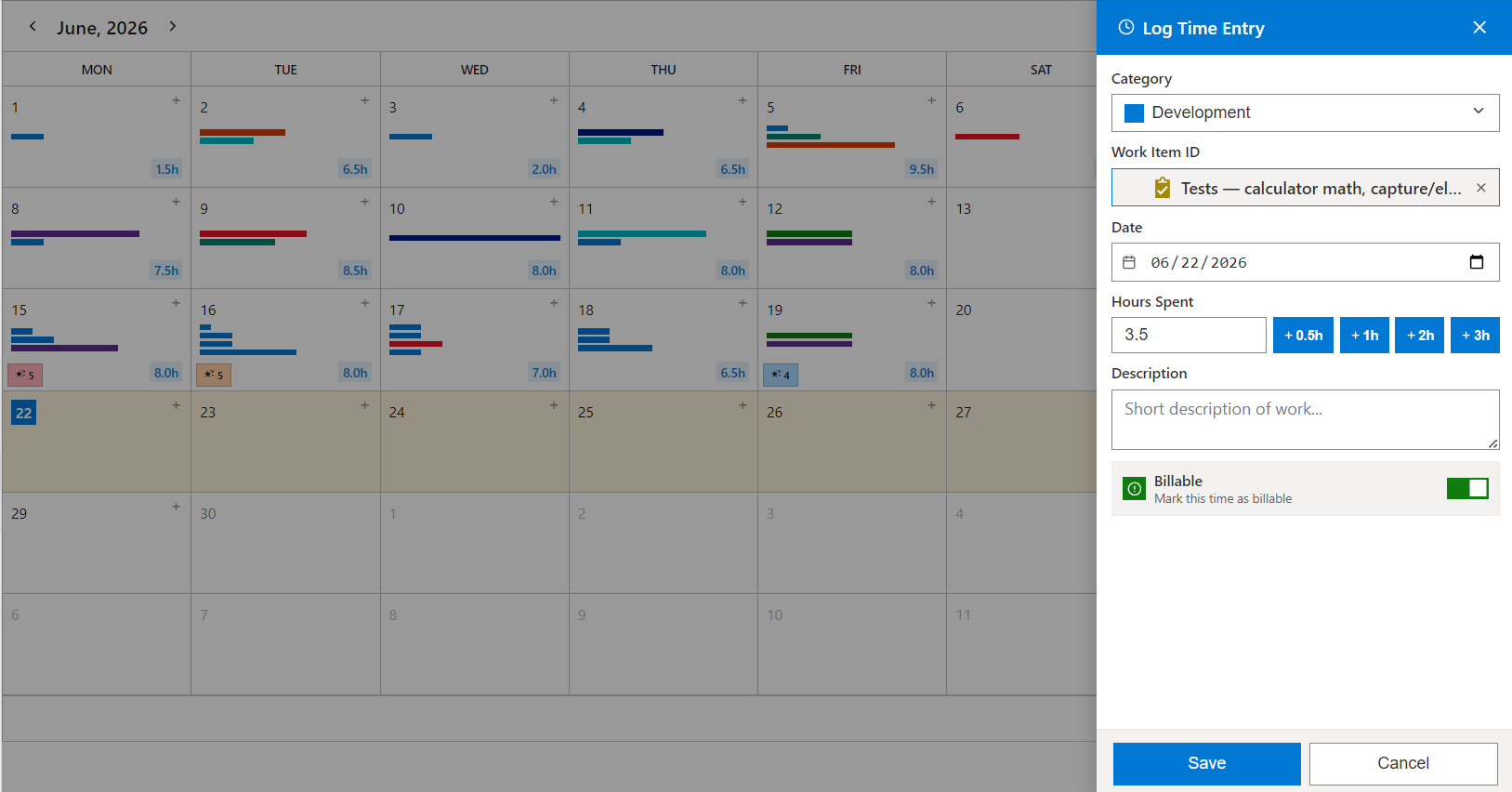 TickPax calendar for June 2026 showing daily logged-hour totals across the month, with a Log Time Entry panel open to add a manual entry — Development category, a Tests work item, date 06/22/2026, 3.5 hours with +0.5h/+1h/+2h/+3h quick-add buttons, a billable toggle, and Save/Cancel