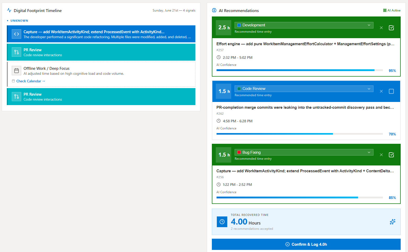 TickPax Recovered Engineering insights inside your engineering platform — cumulative recovered hours over time, with recovered hours, estimated value, and AI acceptance rate