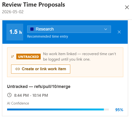 TickPax untracked work recovery — a 1.5 hour recommended entry flagged as untracked with no linked work item, prompting the user to create or link a work item, recovered from refs/pull/10/merge at 95% AI confidence