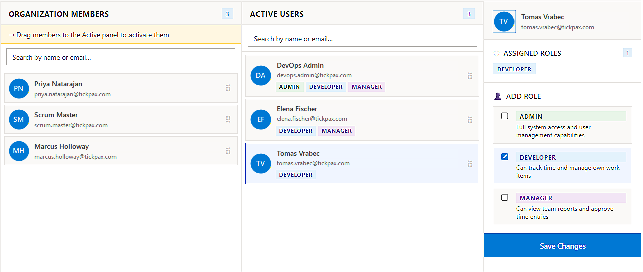 TickPax team management — a member list with assigned roles (Contributor, Manager, Admin), seat usage, and per-role visibility and approval permissions